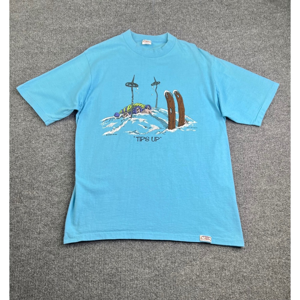 Crazy Shirt T-Shirt Mens Large Blue Tips Up Gary Patterson Skiing Vintage 90s